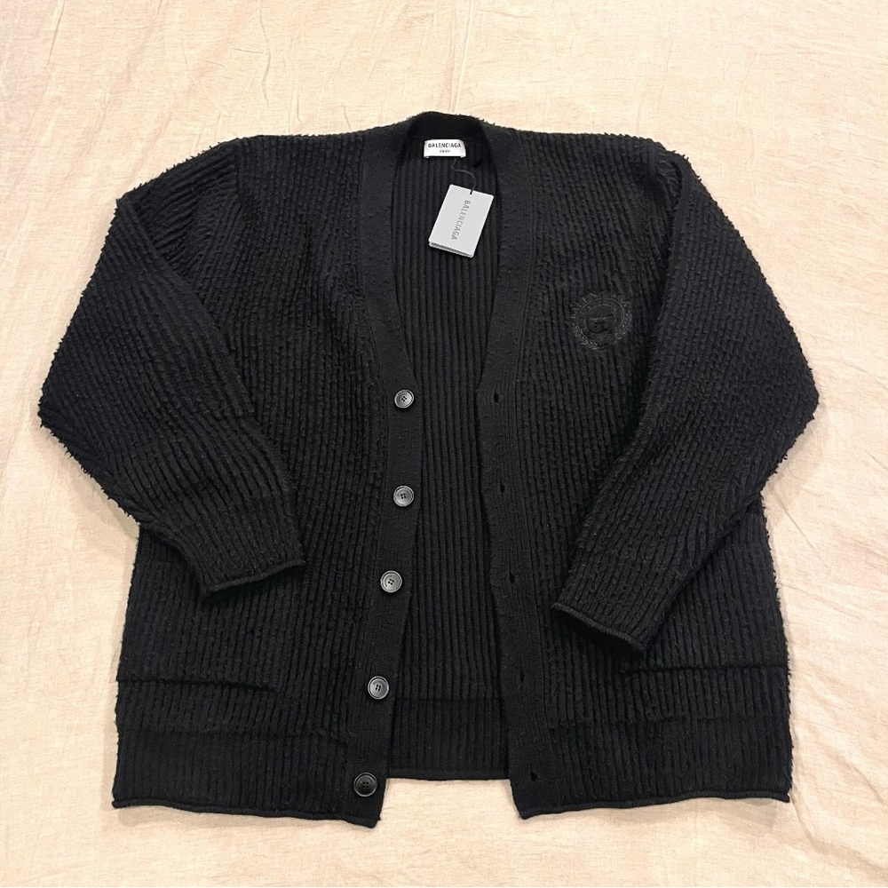 $2050 Balenciaga College Logo Heavy Wool Piled Knit Cardigan